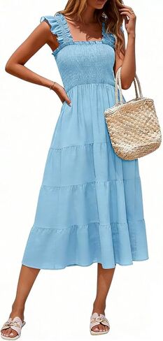 ROYLAMP Women's Summer Ruffled Strap Dress Square Neck Smocked High Waist Tiered A Line Flowy Midi Sun Dresses in Kuwait