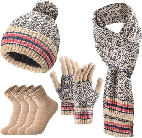 5 في 1 النساء الشتاء قبعة صغيرة محبوكة قبعة وشاح قفازات الجوارب للأذنين مجموعة لينة الدافئة مجموعة سميكة بطانة قبعة لمس قفازات in Kuwait