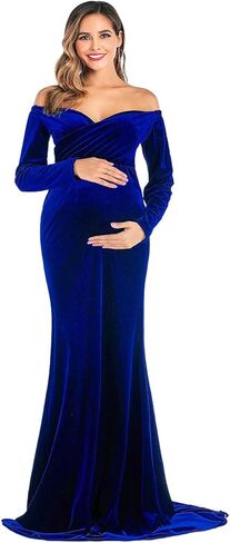 OQC Velvet Maternity Off Shoulder Long Sleeve Fitted Gown Half Circle Maxi Photography Dress for Photo Props Dress in Kuwait