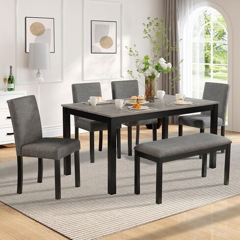 Ball & Cast 6-Piece Dining Table Set with Upholstered Chairs and Bench,Dining Room Table Set for 6, 58.5" Rectangular Wood Kitchen Table & Chairs Set for Living Room,Dining Room,Dark Grey in Kuwait