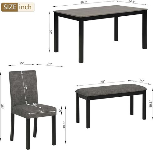 Ball & Cast 6-Piece Dining Table Set with Upholstered Chairs and Bench,Dining Room Table Set for 6, 58.5" Rectangular Wood Kitchen Table & Chairs Set for Living Room,Dining Room,Dark Grey in Kuwait