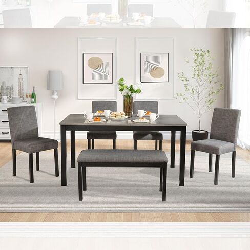 Ball & Cast 6-Piece Dining Table Set with Upholstered Chairs and Bench,Dining Room Table Set for 6, 58.5" Rectangular Wood Kitchen Table & Chairs Set for Living Room,Dining Room,Dark Grey in Kuwait