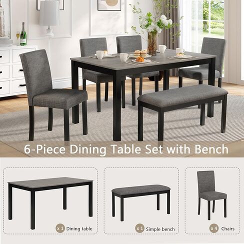 Ball & Cast 6-Piece Dining Table Set with Upholstered Chairs and Bench,Dining Room Table Set for 6, 58.5" Rectangular Wood Kitchen Table & Chairs Set for Living Room,Dining Room,Dark Grey in Kuwait