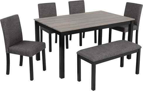 Ball & Cast 6-Piece Dining Table Set with Upholstered Chairs and Bench,Dining Room Table Set for 6, 58.5" Rectangular Wood Kitchen Table & Chairs Set for Living Room,Dining Room,Dark Grey in Kuwait