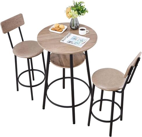 VEVOR Bar Table and Chairs Set, 3PCS 23.5" Bars Tables Set with Rounded Corner Design, Round Pub Table with Two Stools for Office Desk, Breakfast Corner, Mini Bars, Light Gray, Black in Kuwait