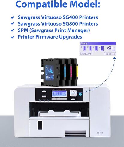 خرطوشة حبر التسامي 2026 3.09 متوافقة مع طابعة Sawgrass SG400 SG800 جميع الإصدارات | لا توجد خطوط شبكة مضمونة | يدوم طويلاً | حبر جل عالي الأداء وعالي اللزوجة (4 قطع، B/C/M/Y) in Kuwait