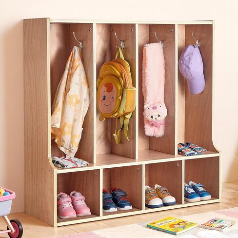 VEVOR 4-Section Coat Locker with Bench, Kids Lockers with 8 Hooks & Non-Slip Mat, Classroom Cubbies for Daycare, Home, Kindergarten- Natural in Saudi Arabia