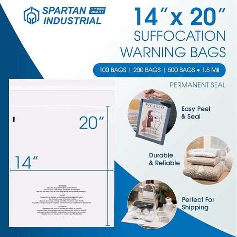 Spartan Industrial - 14 بوصة × 20 بوصة (200 قطعة) أكياس بولي شفافة ذاتية الغلق مع تحذير من الاختناق للتغليف والملابس - لاصق دائم in Kuwait