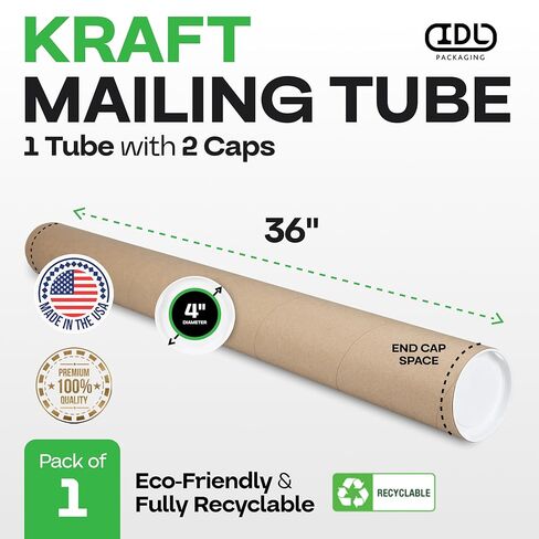 IDL Packaging Cardboard Mailing Tube, 4" x 48" with Plastic Caps - USA-Made USPS Approved Poster Tube for Documents & Blueprints - Reinforced Mailing Cylinders for Shipping & Storage in Kuwait