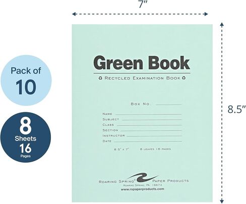 كتب الامتحانات الخضراء المعاد تدويرها من ROARING SPRING، 10 كتيبات امتحانات مدرسية، 8.5 بوصة × 7 بوصة، 8 أوراق/16 صفحة، مسطرة على نطاق واسع مع كتاب اختبار الطالب الهامش، صنع في الولايات المتحدة الأمريكية in Saudi Arabia