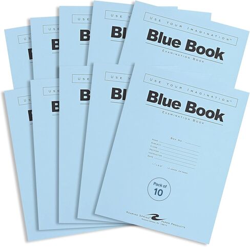 ROARING SPRING Exam Blue Books, 10 School Examination Booklets, 11" x 8.5", 12 Sheets/24 Pages, Wide-Ruled with Margin Student Testbook, Made in USA in Kuwait