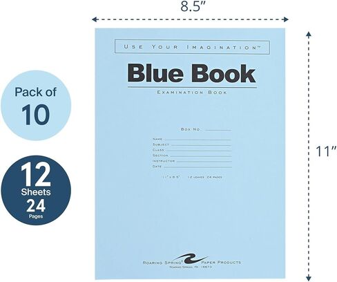 ROARING SPRING Exam Blue Books, 10 School Examination Booklets, 11" x 8.5", 12 Sheets/24 Pages, Wide-Ruled with Margin Student Testbook, Made in USA in Kuwait