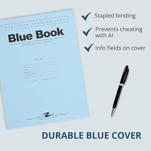 ROARING SPRING Exam Blue Books, 10 School Examination Booklets, 11" x 8.5", 12 Sheets/24 Pages, Wide-Ruled with Margin Student Testbook, Made in USA in Kuwait