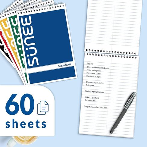 وسادات SUNEE Steno مقاس 6 × 9 5 عبوات، قاعدة جريج، 60 ورقة، ورق أبيض، تدوين الملاحظات مع دفتر الملاحظات الحلزوني العلوي، للمدرسة، الجامعة، الكلية، العمل، المكتب، اللون الكلاسيكي in Kuwait