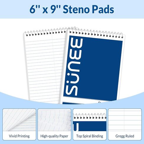 وسادات SUNEE Steno مقاس 6 × 9 5 عبوات، قاعدة جريج، 60 ورقة، ورق أبيض، تدوين الملاحظات مع دفتر الملاحظات الحلزوني العلوي، للمدرسة، الجامعة، الكلية، العمل، المكتب، اللون الكلاسيكي in Kuwait