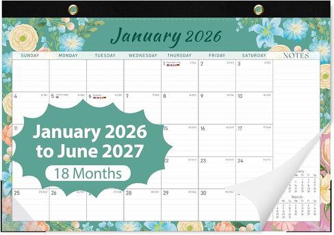 2026 Desk Calendar, Monthly Calendar, 18 Months (Jan 2026 - Jun 2027), Large Desktop Calendar 17" x 12" for Home, Office or School, Watercolor Floral in Kuwait