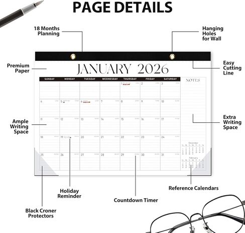 2026 Desk Calendar, 18 Monthly Calendar Runs from January 2026 to June 2027, Large 17" X 12" Desktop/Wall Calendars Easy Scheduling & Notes, Ideal for School, Home and Office - Classic Black in Saudi Arabia