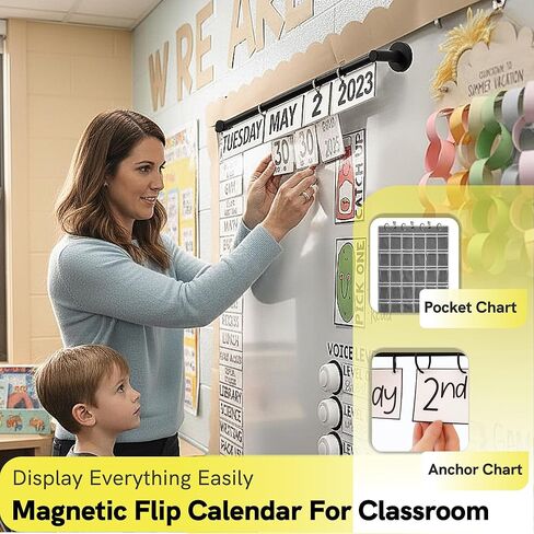 ULIBERMAGNET Magnetic Classroom Whiteboard Bar, Flip Calendar Holder with 5 Hanging Rings & 5 Clips, Magnetic Adjustable Length Anchor Chart Rack for Whiteboard, Office, Classroom, Lesson Plans in Saudi Arabia