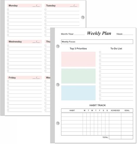 Weekly Planner Refills for A5 Binders - 53 Sheets/106 Pages Undated Colorful Weekly Planner, 6-Hole Punched, 100 gsm White Paper, Lasts 1 Year, Undated, 5.8" x 8.3" in Saudi Arabia