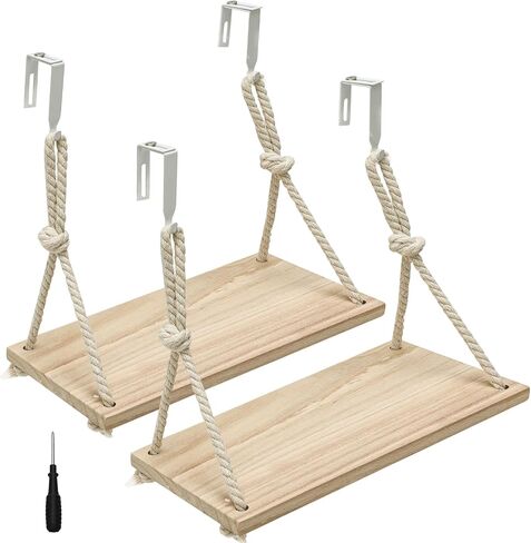 رف مكون من قطعتين مزود بخطافات، منظم تعليق خشبي مقاس 11.8 بوصة بحبل قطني، مساحة تخزين مكتب بوهو للعمل، أرفف مثبتة على الحائط للنساء والرجال in Kuwait