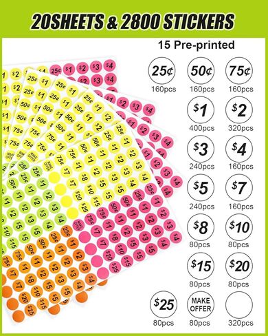 2800 Pcs Garage Sale Stickers - 3/4 Inch Removable Price Labels in Bright Colors, No Residue, with 15 Pre-Printed Round Tags for Flea Markets, Retail & Moving in Saudi Arabia