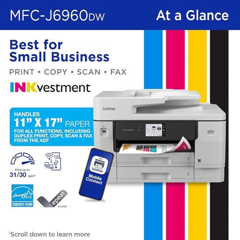 طابعة Brother INKvestment 6960 اللاسلكية النافثة للحبر الملونة الكل في واحد بقدرات 11 بوصة × 17 بوصة وشاشة لمس ملونة 3.5 بوصة | تتضمن تجربة اشتراك التحديث (1) (MFC-J6960DW) in Kuwait