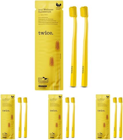 فرشاة أسنان صفراء مرتين عن طريق الفم-شعيرات ناعمة إضافية ، مقبض نباتي صديق للبيئة ، تنظيف لطيف للأسنان واللثة الحساسة ، 2 العد in Kuwait
