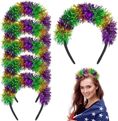 Hotop 6 Pcs Mardi Gras Headband Gold Purple Green Pom Pom Headband Glitter Carnival Costume Party Hair Hoop for Women Men Boys Girls Mardi Gras Dress up Party Accessories in Saudi Arabia