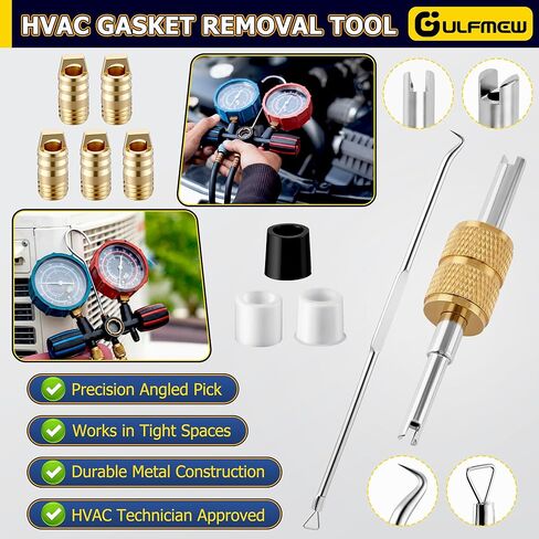 HVAC Gasket Removal Tool Compatible with 19047 Yellow Jacket, Seal Pick & Valve Removal, 15Pcs Hose Gaskets & 5Pcs R410A Valves, Total 22PCS HVAC Air Condition Repair Kit with Storage Can in Saudi Arabia