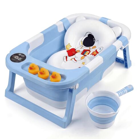 Collapsible Bathtub Baby for Infants & Newborns w/Thermometer, Drain Plug with Heat Sensor & Scoop – Compact Travel Baby Bath Space-Saving Bath for Travel, Shower & Small Bathrooms in Saudi Arabia