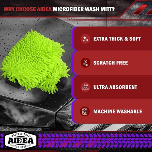 AIDEA Car Wash Mitt Microfiber, 2PK Scratch Free Lint-Free, Premium Chenille Microfiber Mitt Car Wash Brush, Green, Regular Size 7.12''X10.14'' in Kuwait