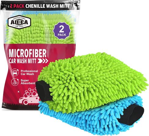 AIDEA Car Wash Mitt Microfiber, 2PK Scratch Free Lint-Free, Premium Chenille Microfiber Mitt Car Wash Brush, Green, Regular Size 7.12''X10.14'' in Kuwait