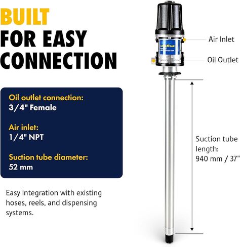 Goodyear 5:1 Heavy Duty Air-Operated Oil Pump – High-Efficiency 10.6 GPM Industrial Pneumatic Pump, 870 PSI Max Pressure, Corrosion-Resistant Construction for 48–58 Gallon Drums in Saudi Arabia