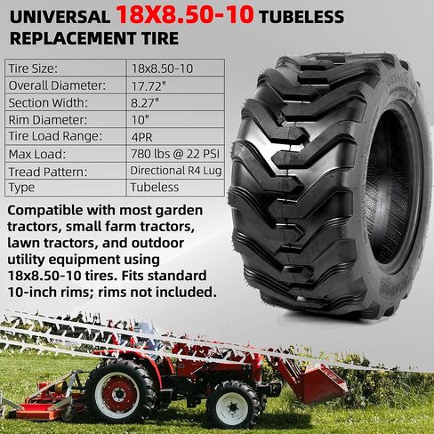 AR-PRO 18x8.50-10 Garden Tractor Tubeless Tire, Heavy Duty 4-Ply Farm & Lawn Tractor Tire, 780lbs Capacity (1-Pack) in Saudi Arabia