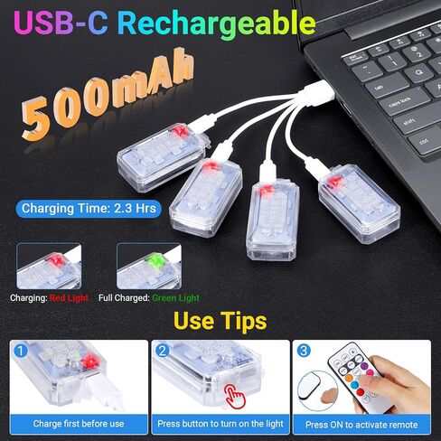 مصابيح LED لاسلكية فائقة السطوع من ليكارت مع جهاز تحكم عن بعد، 8 ألوان من النوع C قابلة لإعادة الشحن، ضوء تحذير مضاد للماء للطائرات بدون طيار والسيارات والدراجات النارية والدراجات والشاحنات (4 قطع) in Kuwait
