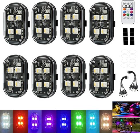 ترقية 8 قطع 4 المصابيح RGB أضواء LED لاسلكية للسيارة مع جهاز التحكم عن بعد، 8 ألوان عالية السطوع ستروب أضواء نوع C قابلة للشحن المضادة للتصادم ضوء تحذير للسيارة، دراجة نارية، دراجة، طائرة بدون طيار in Kuwait