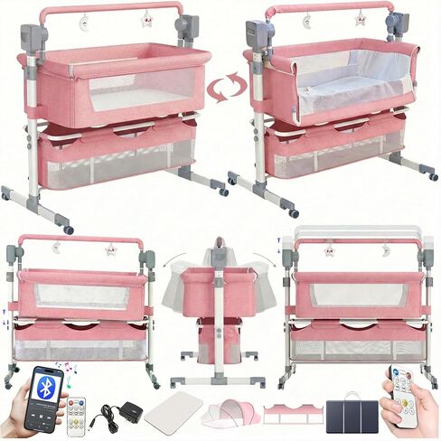 سرير سرير صغير من Bluetooth Smart Bed Smart ، Baby Bassinet Beder Sleeper ، بجانبي سرير مع عجلات ، وسرير نوم مشترك قابلة للطي مع 5 تروس متطايرة وبعيدة (601 وردي) in Saudi Arabia
