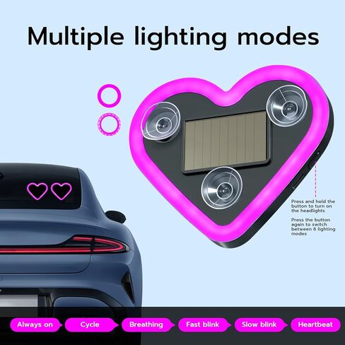 إضاءة محيطة LED للسيارة من Mcbazel، إضاءة LED قابلة لإعادة الشحن تعمل بالطاقة الشمسية على شكل قلب، 6 أوضاع إضاءة، سيارة رومانسية، ديكور خارجي، هدية مثالية للأزواج والنساء والرجال - وردي (قطعة واحدة) in Kuwait