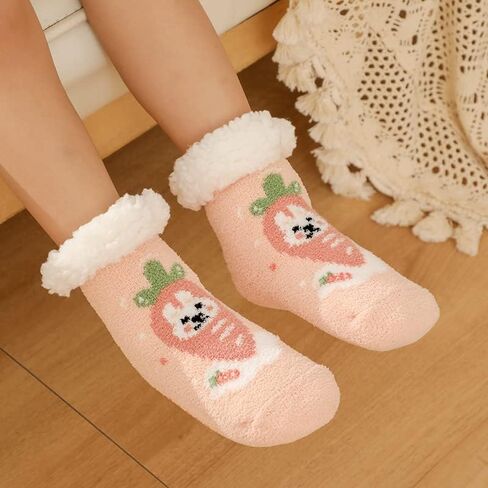 Royal Hong Beauty Cute & Cozy Kids Girls Women Slipper Socks, Winter Warm Fuzzy Christmas Socks Stockings for Women, Fleece Lined Slipper Socks with Grippers Non Skid--Snowman-Orange--One Size in Kuwait
