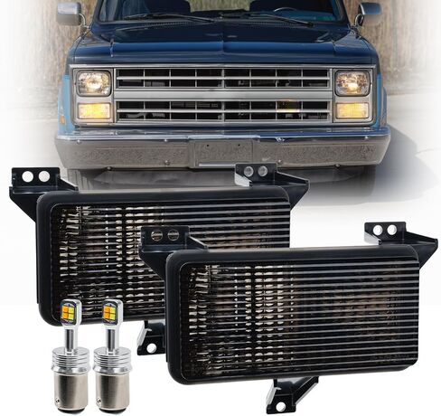 مصابيح إشارة الانعطاف الأمامية OEM لـ 83-86 Chevy C/K C10 C20 C30 K10 K20 K30 GMC C1500 K1500 إشارة مصد كهرمان وعلامة زاوية بيضاء لوقوف السيارات OEM # 915908 GM2520122 عدسة شفافة مع 2 قطعة لمبات LED in Kuwait
