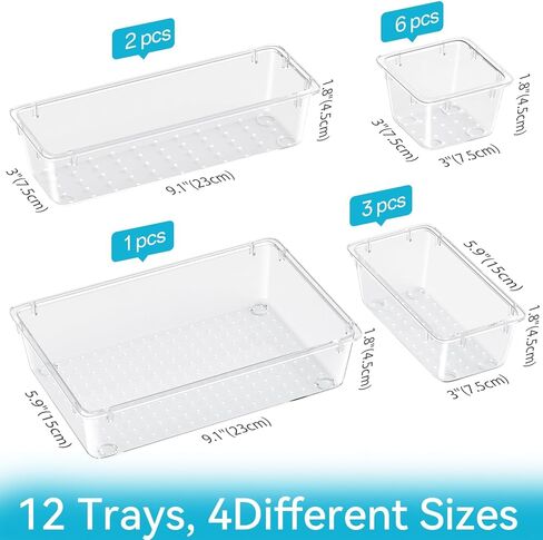 12 PCS Drawer Organizer Set, 4 Sizes Tool Storage Trays, Clear Plastic Makeup Vanity Organizer and Storage Bins for Makeup, Stationeries, Multiple Gadgets for Bathroom, Office, Bedroom in Kuwait