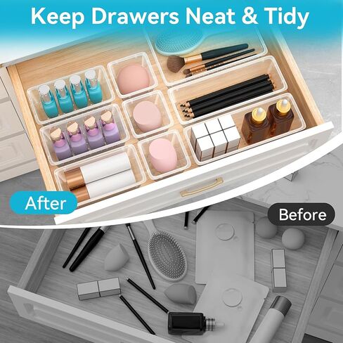 12 PCS Drawer Organizer Set, 4 Sizes Tool Storage Trays, Clear Plastic Makeup Vanity Organizer and Storage Bins for Makeup, Stationeries, Multiple Gadgets for Bathroom, Office, Bedroom in Kuwait