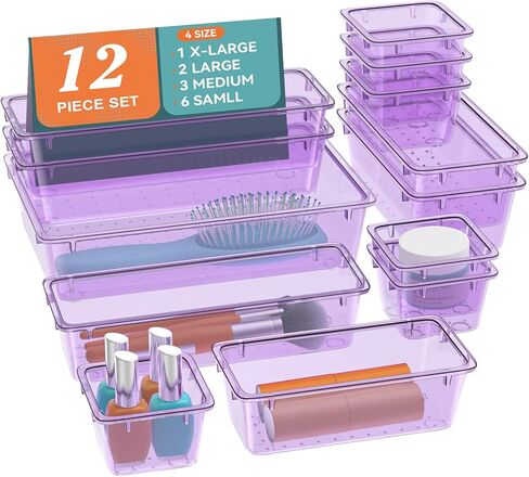 12 PCS Drawer Organizer Set, 4 Sizes Tool Storage Trays, Clear Plastic Makeup Vanity Organizer and Storage Bins for Makeup, Stationeries, Multiple Gadgets for Bathroom, Office, Bedroom in Kuwait