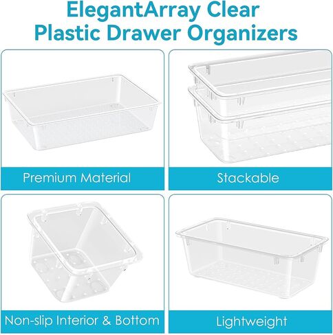 12 PCS Drawer Organizer Set, 4 Sizes Tool Storage Trays, Clear Plastic Makeup Vanity Organizer and Storage Bins for Makeup, Stationeries, Multiple Gadgets for Bathroom, Office, Bedroom in Kuwait