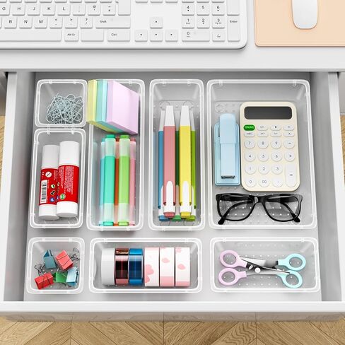 12 PCS Drawer Organizer Set, 4 Sizes Tool Storage Trays, Clear Plastic Makeup Vanity Organizer and Storage Bins for Makeup, Stationeries, Multiple Gadgets for Bathroom, Office, Bedroom in Kuwait