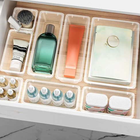 12 PCS Drawer Organizer Set, 4 Sizes Tool Storage Trays, Clear Plastic Makeup Vanity Organizer and Storage Bins for Makeup, Stationeries, Multiple Gadgets for Bathroom, Office, Bedroom in Kuwait