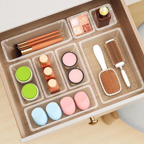 12 PCS Drawer Organizer Set, 4 Sizes Tool Storage Trays, Clear Plastic Makeup Vanity Organizer and Storage Bins for Makeup, Stationeries, Multiple Gadgets for Bathroom, Office, Bedroom in Kuwait