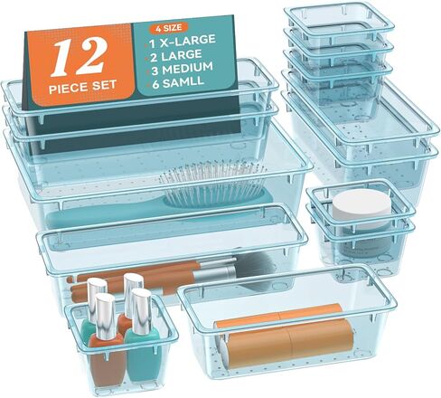 12 PCS Drawer Organizer Set, 4 Sizes Tool Storage Trays, Clear Plastic Makeup Vanity Organizer and Storage Bins for Makeup, Stationeries, Multiple Gadgets for Bathroom, Office, Bedroom in Kuwait