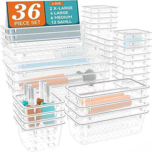 12 PCS Drawer Organizer Set, 4 Sizes Tool Storage Trays, Clear Plastic Makeup Vanity Organizer and Storage Bins for Makeup, Stationeries, Multiple Gadgets for Bathroom, Office, Bedroom in Kuwait