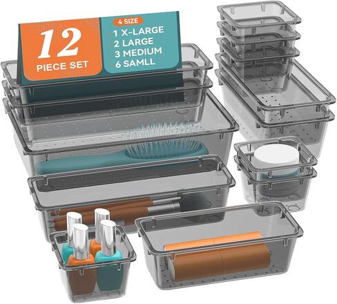 12 PCS Drawer Organizer Set, 4 Sizes Tool Storage Trays, Clear Plastic Makeup Vanity Organizer and Storage Bins for Makeup, Stationeries, Multiple Gadgets for Bathroom, Office, Bedroom in Kuwait